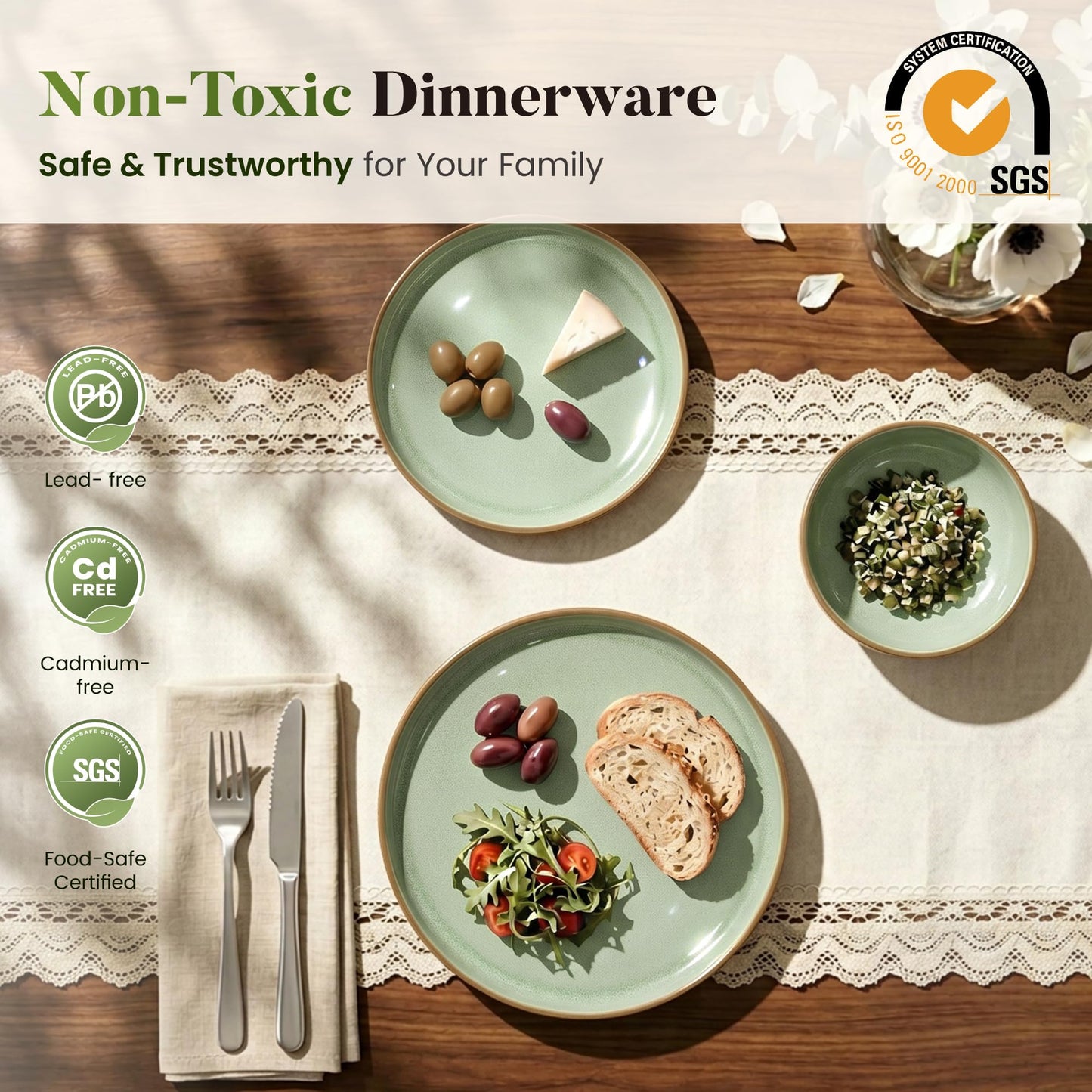 Kitchen Academy Brown Stoneawre Dinnerware Sets for 8, 24Pcs Ceramic Non Toxic Plates and Bowls Sets, Scratch Resistant Dishes, Oven & Microwave Safe