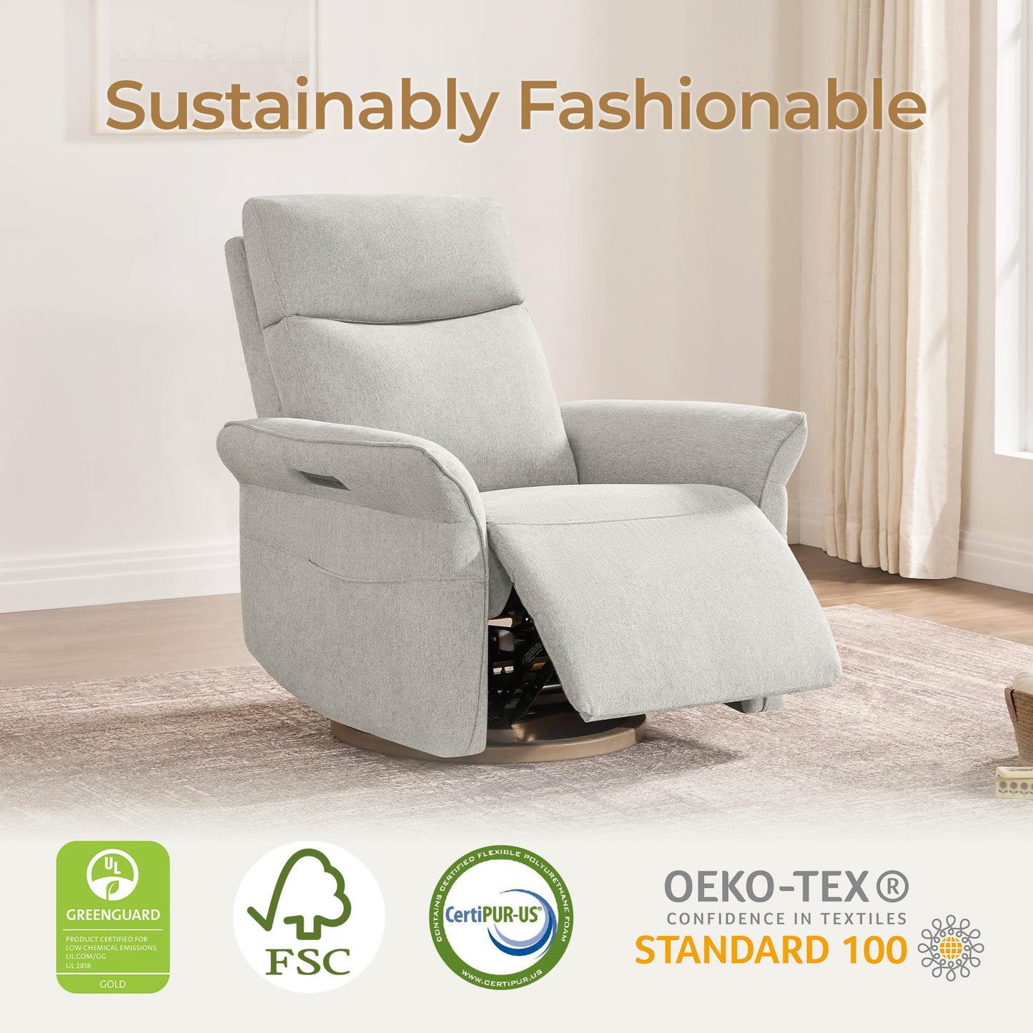 CHITA Power Recliner Chair, Electric Triple-Motor Swivel Glider Nursery Rocking Chair with Adjustable Power Headrest and Lumbar Support, GREENGARD Gold Certified, Solid Wood Base, Linen
