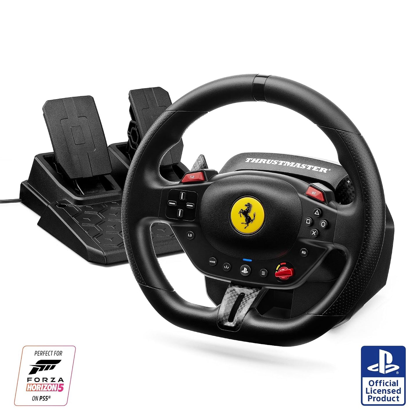 Thrustmaster T98 P Ferrari Licensed Racing Wheel & Pedal Set - PS5 & PC | 240-degree rotation, bungee-cord resistance, paddle shifters, 3 driving modes, Hall-Effect sensors, tool-free desk clamp