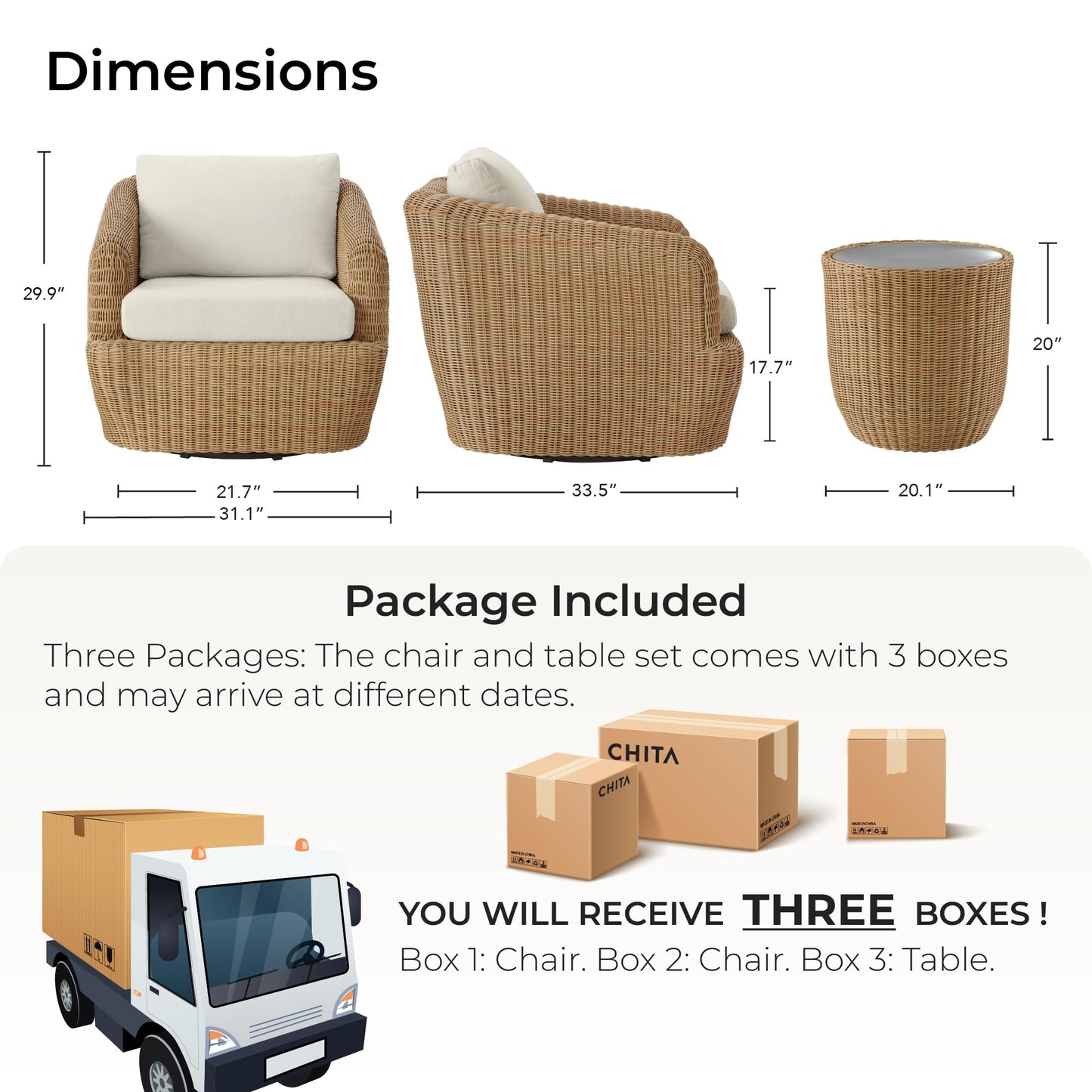 CHITA 5 Pieces Patio Wicker Furniture Set, Outdoor Rattan Bistro Set with Removable Thickened Cushions, Fully Assembled(Beige Cushions with Light Brown Wicker)
