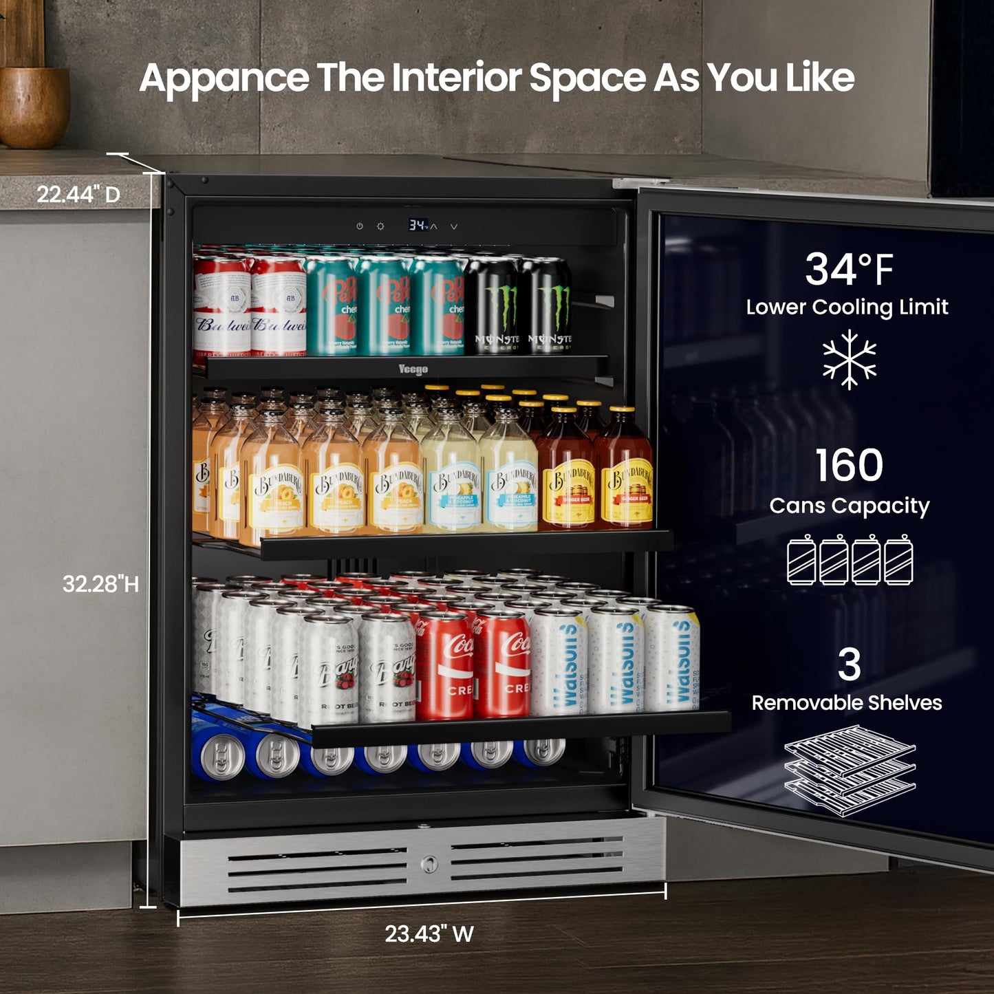 Yeego Beverage Refrigerator & Drink Fridge - 24 inch 180 Cans Beer Cooler Glass Door, 34-54℉ Under Counter Refrigerator Built-in for Drink Soda Wine for Bar Office Bedroom