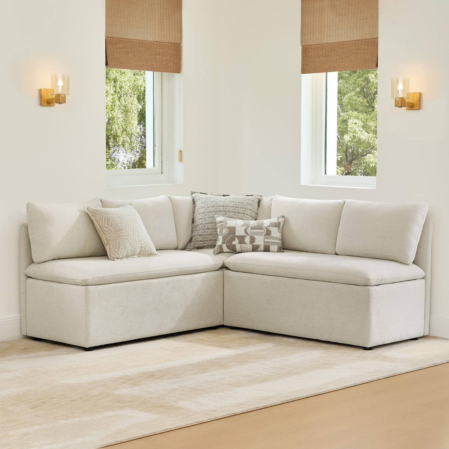 CHITA Breakfast Nook Bench with Storage, Upholstered Dining Bench with Back, Corner Kitchen & Dining Banquette Seating Nook, Dining Settee, L Shaped 4 Seats, Fabric in Linen
