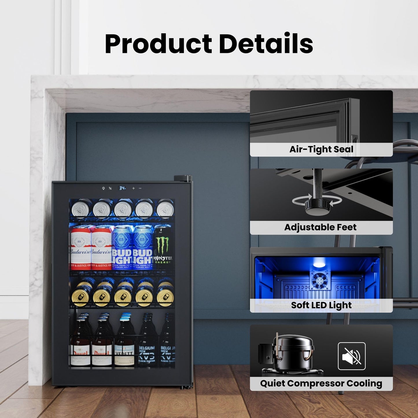 Yeego Beverage Refrigerator, 130 Can Mini Fridge with Glass Door, Adjustable Shelves, Digital Temperature Control 34°F-54°F, Drink Cooler for Soda, Beer and Wine, Freestanding or Under Counter, Black