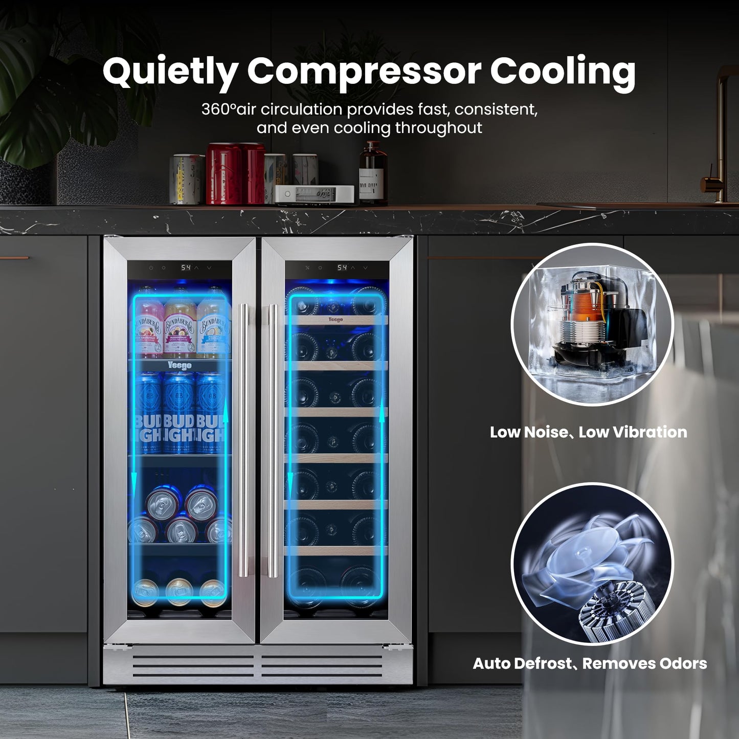 Yeego 24 Inch Beverage Refrigerator – 180 Can Built-In Under Counter Drink Fridge with Glass Door, 34–54°F Cooling for Beer, Soda & Wine (Right-Hinged)