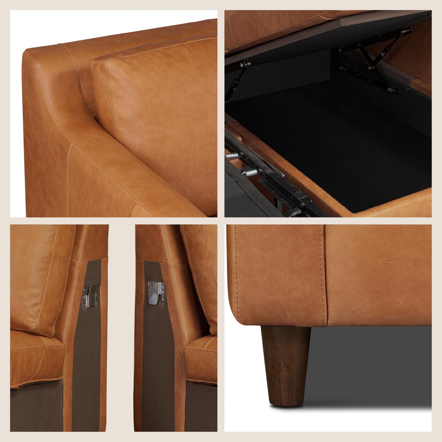 Poly & BARK Harper Left-Facing Leather Sleeper Sectional Sofa Cognac Tan– Full-Grain Aniline Leather, Sculptural Silhouette, Walnut-Finished Legs – Modern Statement Sofa for Living Spaces