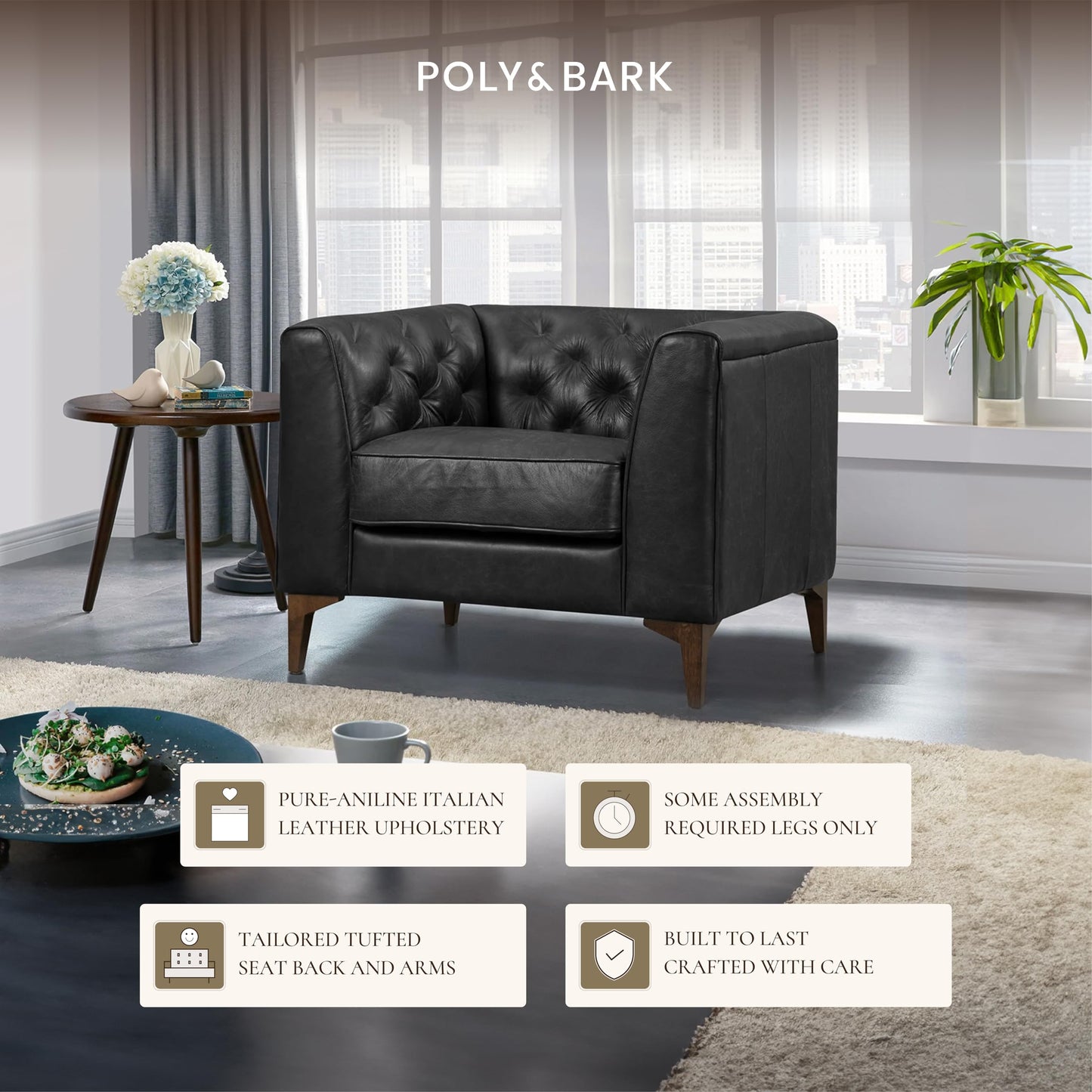 POLY & BARK Essex 89” Full-Grain Italian Leather Sofa – Tufted Back, Feather-Down Comfort, Solid Wood Frame, Cognac Tan