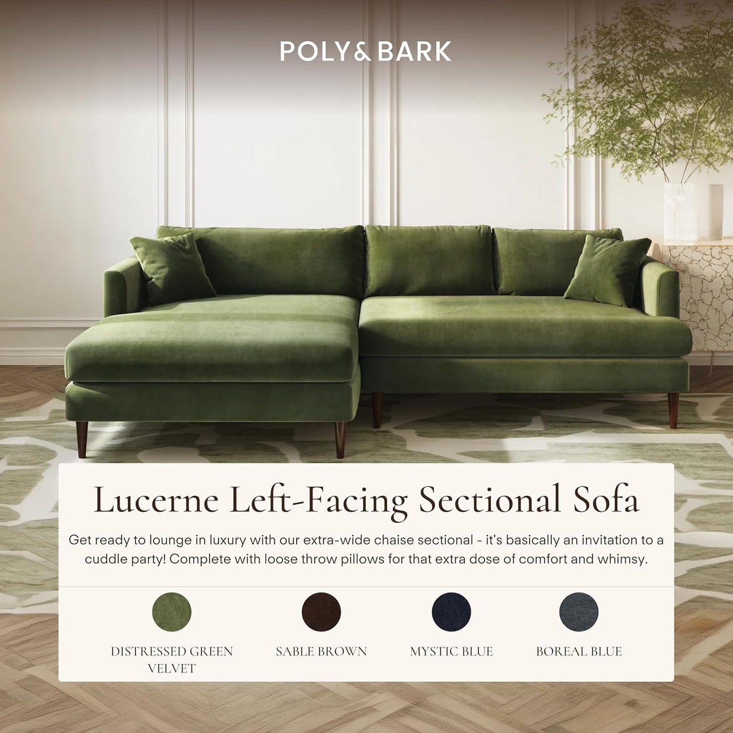 POLY & BARK 108" Lucerne Left-Facing Sectional Sofa with Extra-Wide Chaise – Upholstered in Distressed Green Velvet – Deep, Relaxed Modern Design for Living Room Lounging, Hosting and Everyday Comfort