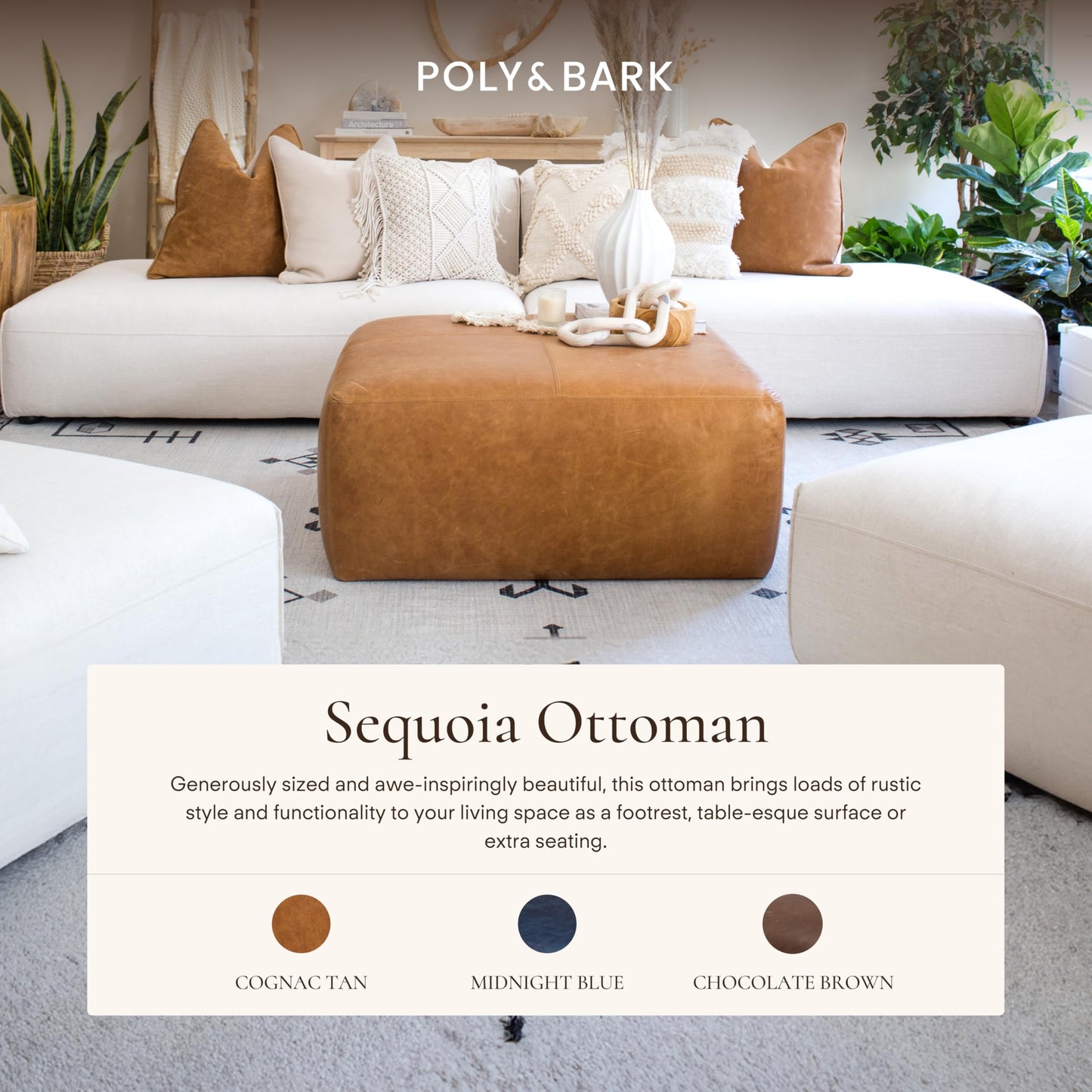 POLY & BARK Denver Ottoman – 43" Large Pouf with Feather-Down Topper – Full-Grain Leather Upholstered Pouf Ottoman for Living Room – Vintage Italian Leather in Cognac Tan