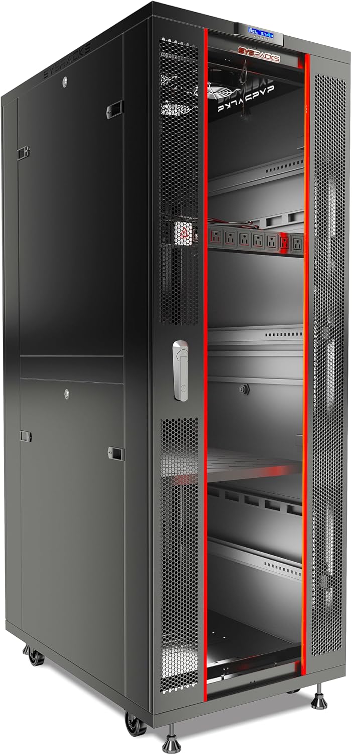 Sysracks 42U Server Rack Cabinet – 32" Deep Network Rack Enclosure on Wheels – Glass Door, 4 Cooling Fans, Temperature Controller, Shelf, 8-Way PDU – 19" IT & AV Equipment Rack