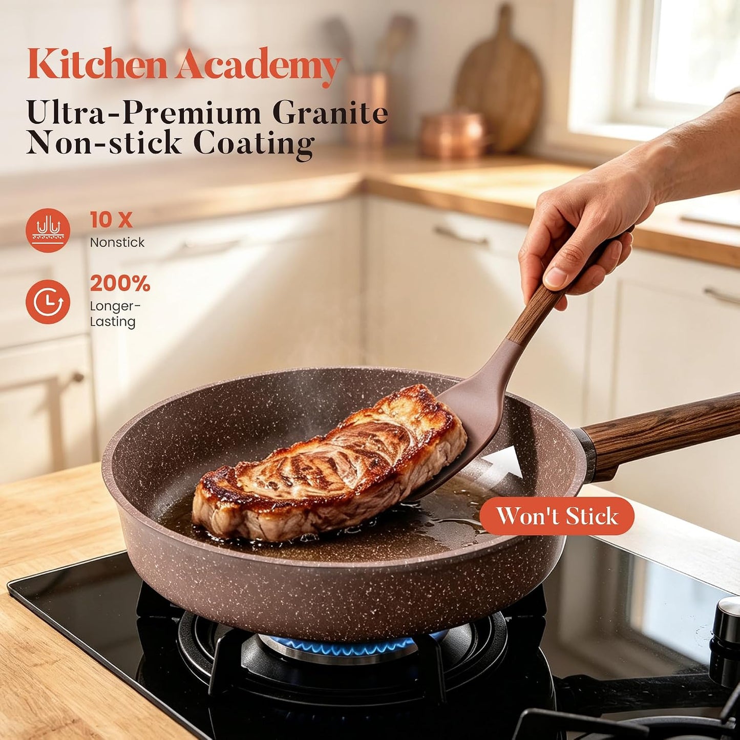 Kitchen Academy 10Pcs Induction Pots & Pans Set Non Stick, Brown | Nonstick Cookware Set, Healthy Non Toxic Cooking Pans and Sets, Easy to Clean, PFOA&PFAS Free