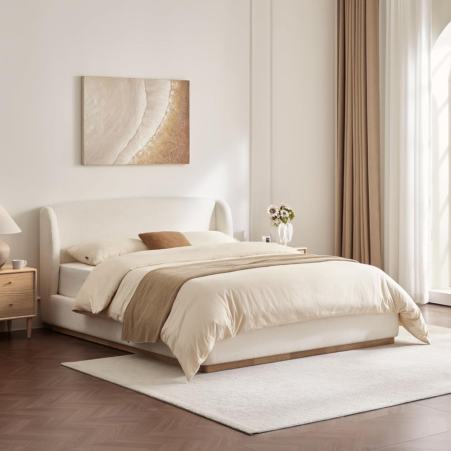 CHITA Queen Size Bed Frame, Upholstered Platform Bed with Wingback Headboard, Wooden Slats Support, Noise-Free, No Box Spring Needed, Cream
