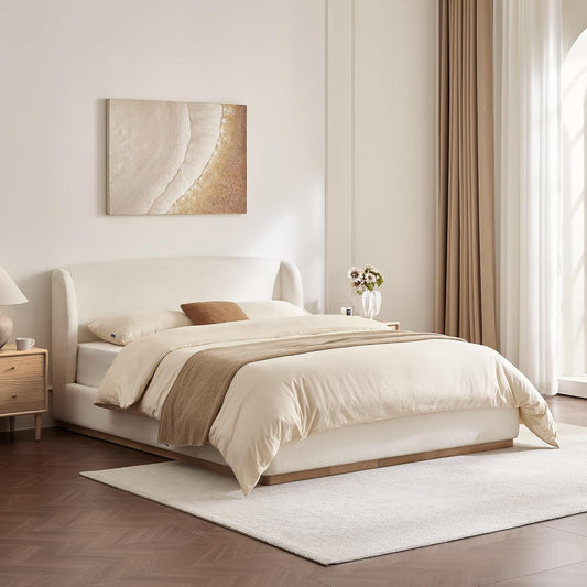 CHITA Queen Size Bed Frame, Upholstered Platform Bed with Wingback Headboard, Wooden Slats Support, Noise-Free, No Box Spring Needed, Cream