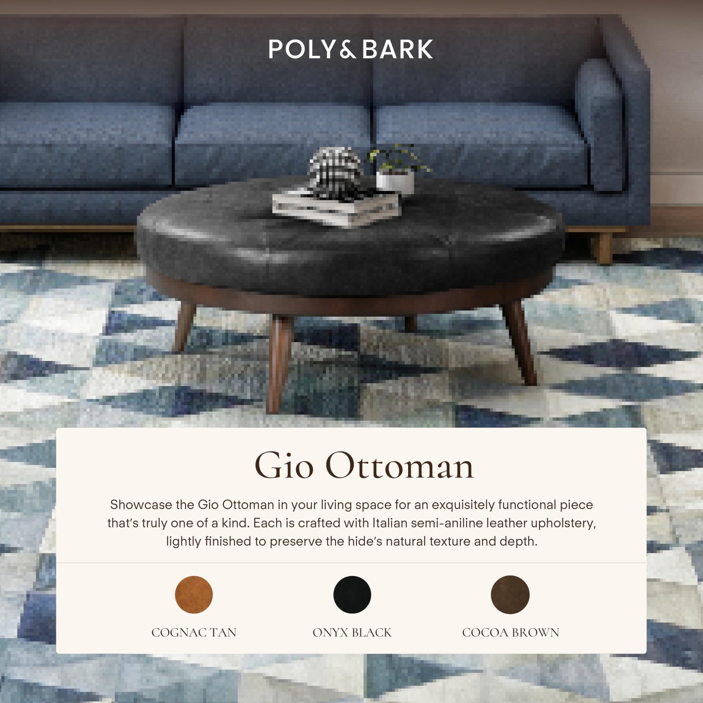 POLY & BARK Denver Ottoman – 43" Large Pouf with Feather-Down Topper – Full-Grain Leather Upholstered Pouf Ottoman for Living Room – Vintage Italian Leather in Cognac Tan