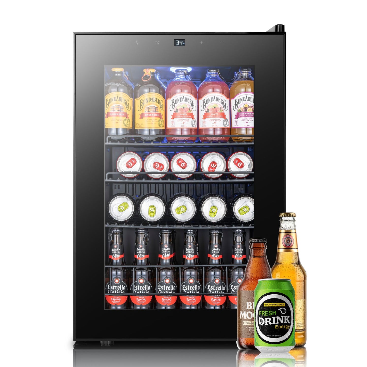 Yeego Beverage Refrigerator, 130 Can Mini Fridge with Glass Door, Adjustable Shelves, Digital Temperature Control 34°F-54°F, Drink Cooler for Soda, Beer and Wine, Freestanding or Under Counter, Black