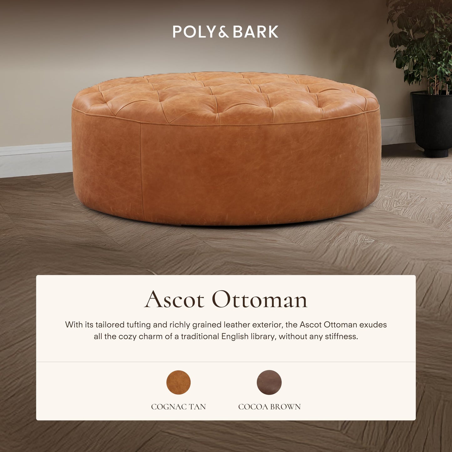 POLY & BARK Denver Ottoman – 43" Large Pouf with Feather-Down Topper – Full-Grain Leather Upholstered Pouf Ottoman for Living Room – Vintage Italian Leather in Cognac Tan