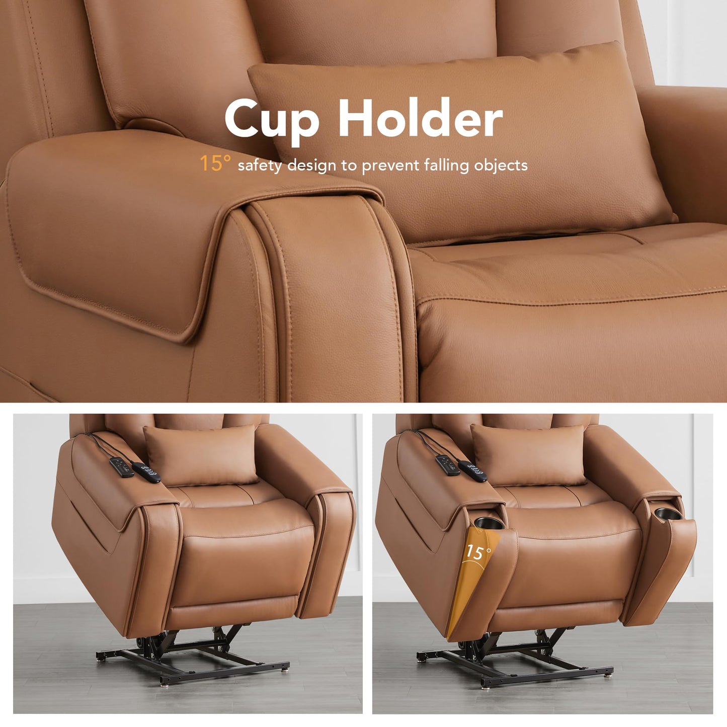 CHITA Electric Power Lift Recliner Chair for Elderly with Massage and Heat, Large Lay Flat Genuine Leather Recliner Chair with Cup Holders, USB Ports, Power Headrest, Independent Backrest, Saddle