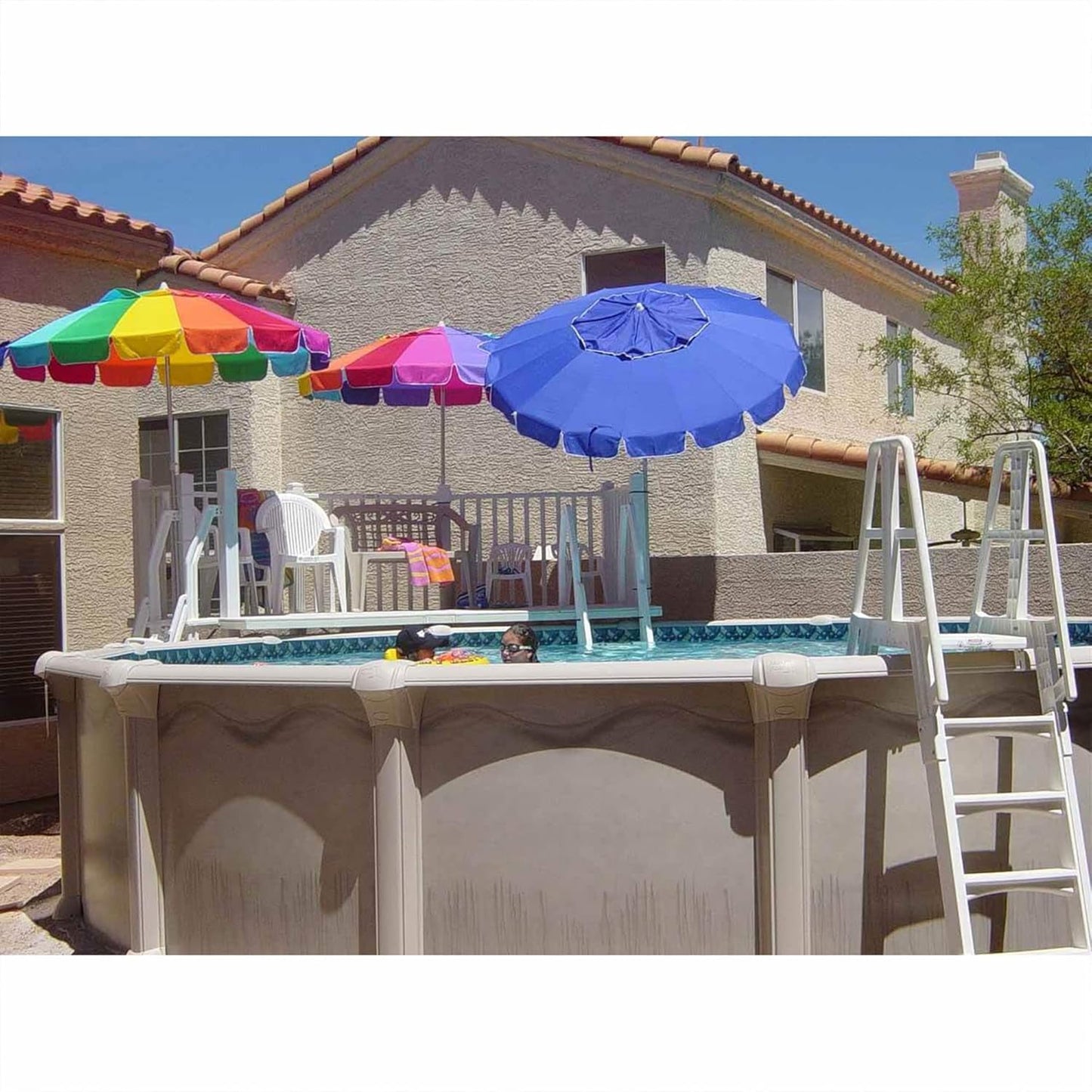 Vinyl Works SLA A-Frame 48 to 56 Inch Adjustable Above Ground Swimming Pool Ladder Entry System with Slide Lock Barrier and Handrails, White