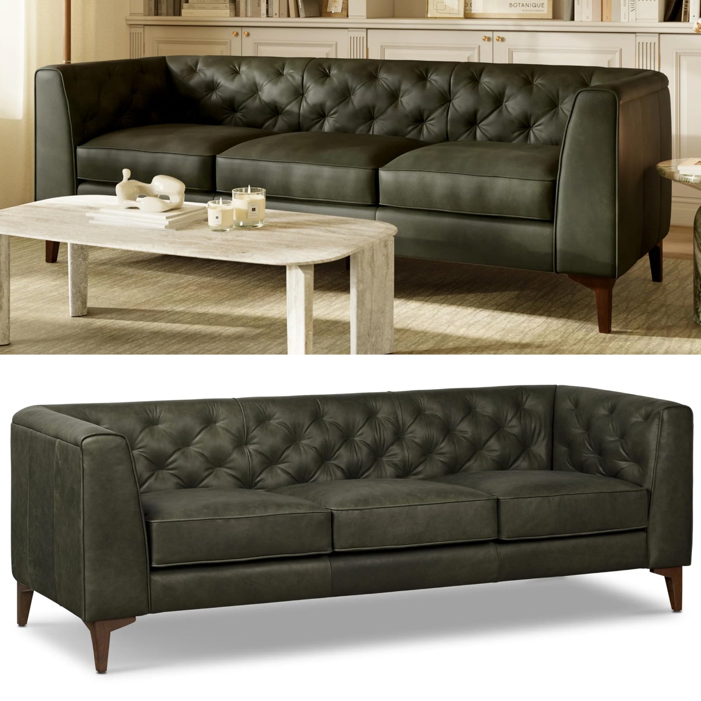 POLY & BARK Essex 89” Full-Grain Italian Leather Sofa – Tufted Back, Feather-Down Comfort, Solid Wood Frame, Cognac Tan