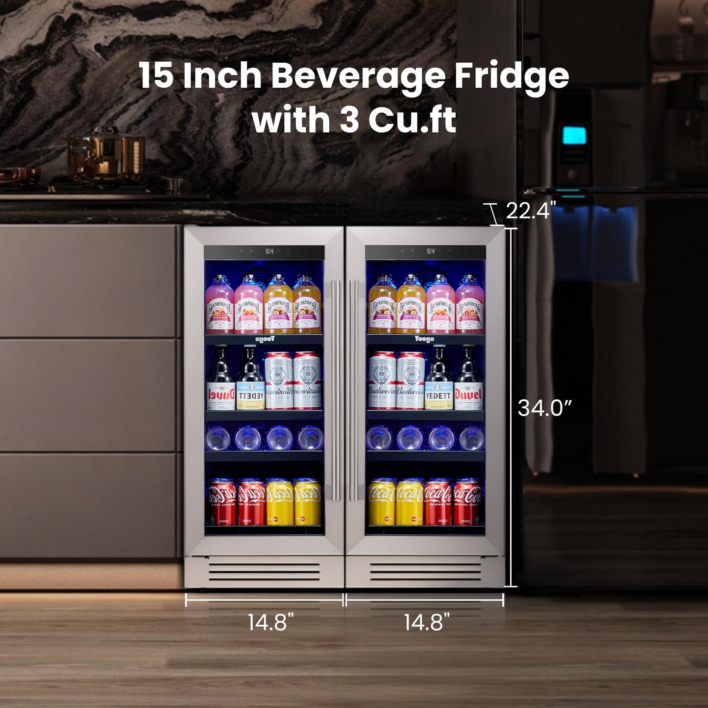 Yeego Beverage Refrigerator & Drink Fridge - 24 inch 180 Cans Beer Cooler Glass Door, 34-54℉ Under Counter Refrigerator Built-in for Drink Soda Wine for Bar Office Bedroom