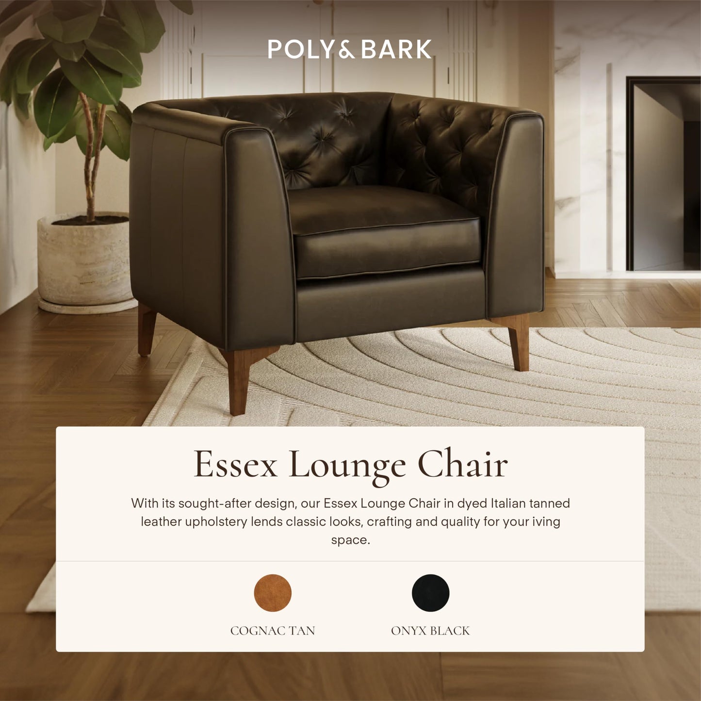 POLY & BARK Essex 89” Full-Grain Italian Leather Sofa – Tufted Back, Feather-Down Comfort, Solid Wood Frame, Cognac Tan