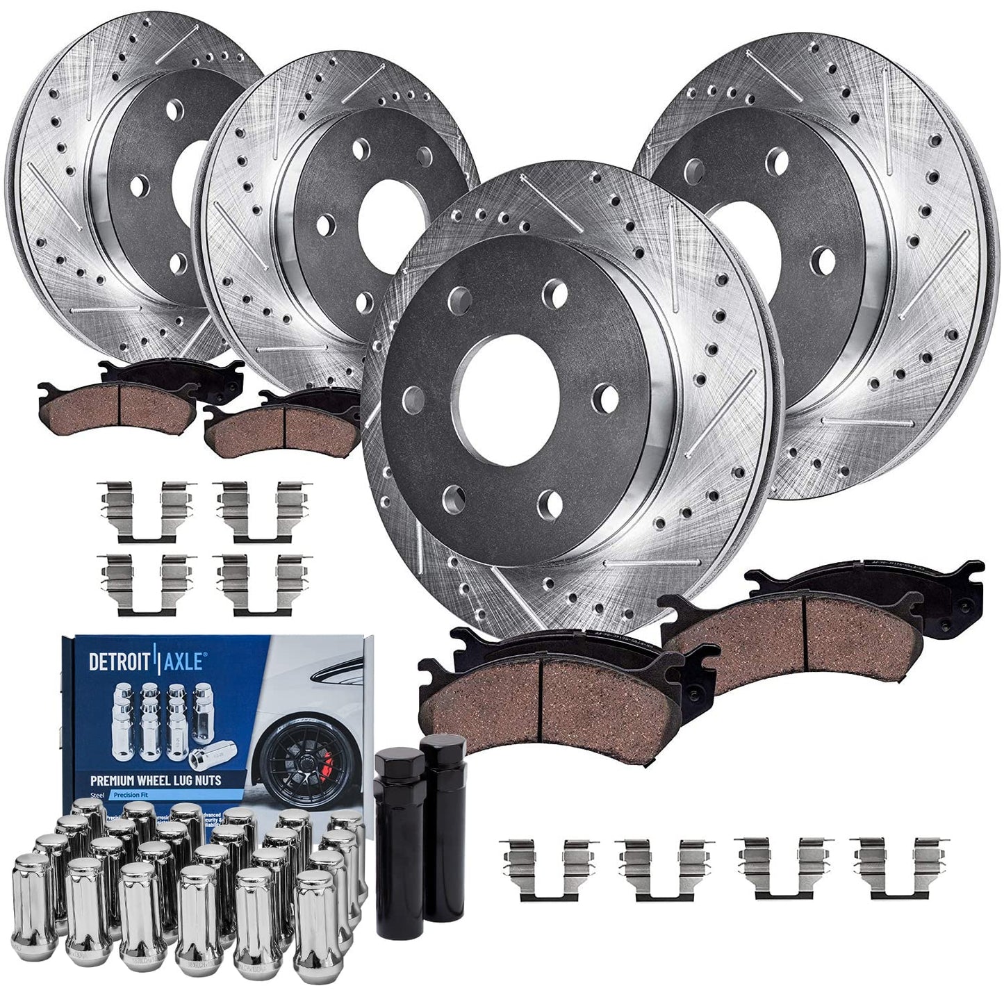 Detroit Axle - Brake Kit for Chevy GMC Silverado Sierra 1500 Tahoe Yukon XL Suburban Escalade ESV Drilled Disc Rotors Ceramic Brakes Pads Replacement : 12.99" Front & 13.58" Rear Rotor
