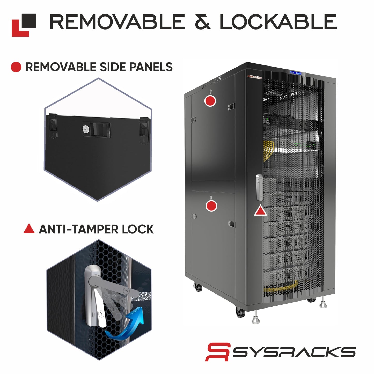 Sysracks 27U Server Rack Cabinet, 39" Deep, Glass Door, 19-Inch | Cooling fans, PDU, shelf, casters, leveling feet, cable entry brushes