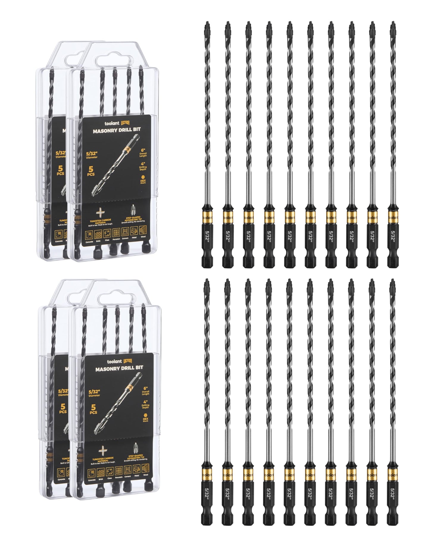 toolant Serrated Eccentric Masonry Drill Bit Set(5pcs),Four Edge Concrete Drill Bits for Glass, Tile, Brick, Cement Concrete Plastic,5/32"-3/8",Industrial Strength Carbide Drill Bit Tip