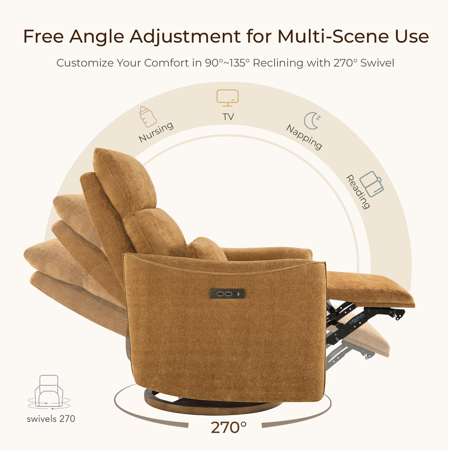 CHITA Swivel Rocker Recliner Chair, Power Nursery Glider Recliner, Nursery Rocking Chair with Adjustable Power Headrest, FSC Certified, Solid Wood Base, Cream