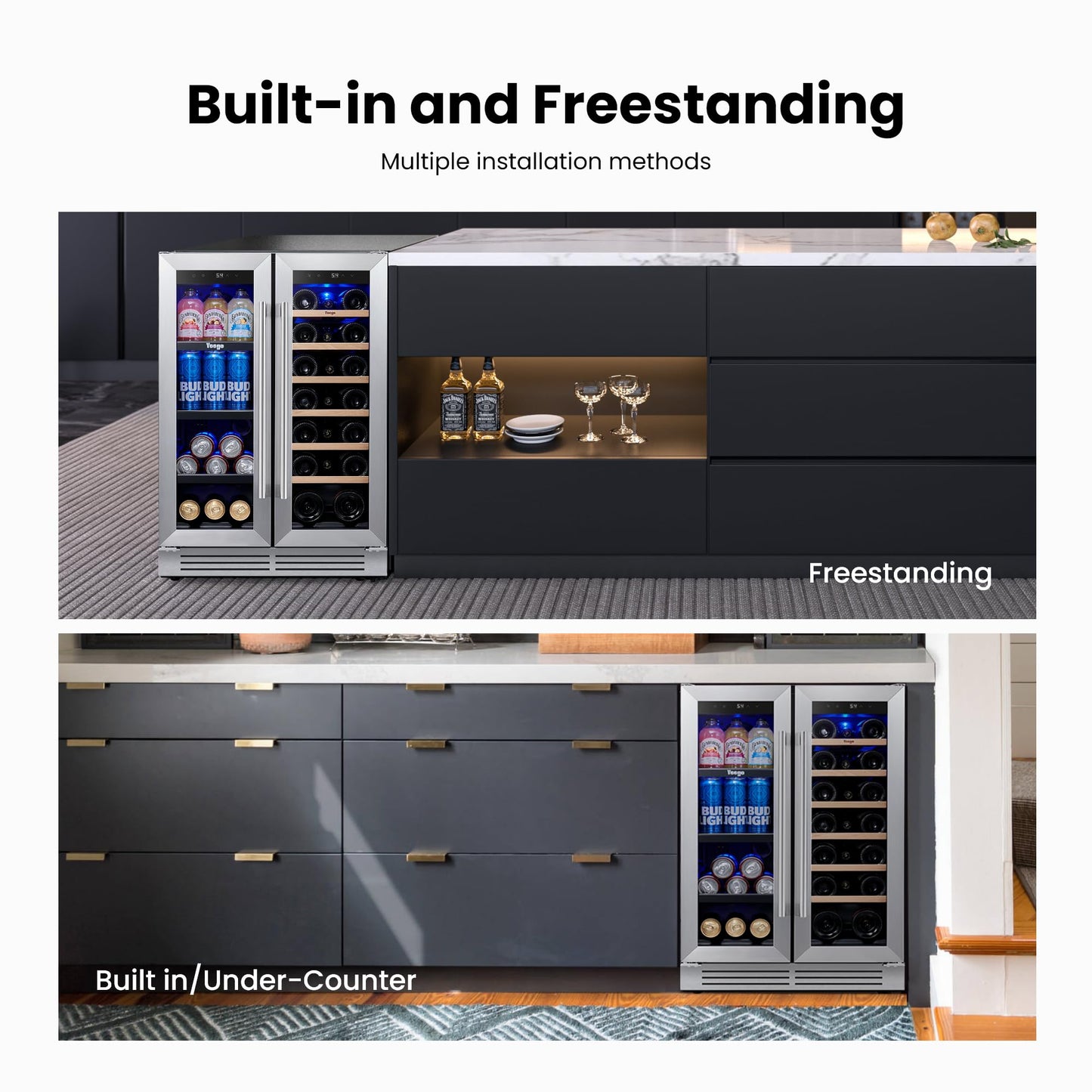 Yeego Beverage Refrigerator & Drink Fridge - 24 inch 180 Cans Beer Cooler Glass Door, 34-54℉ Under Counter Refrigerator Built-in for Drink Soda Wine for Bar Office Bedroom