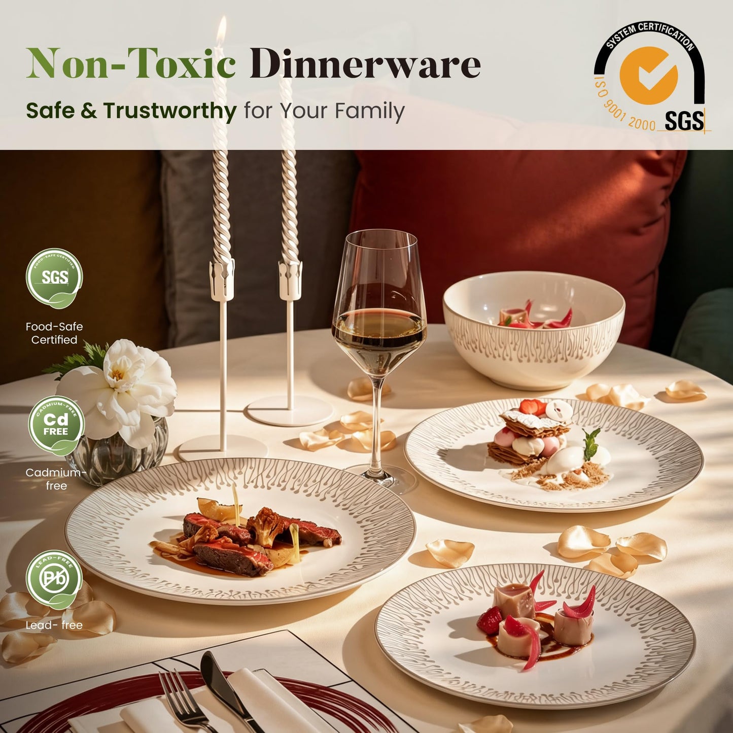 Kitchen Academy Stoneware Dinnerware Sets for 8, Embossed Ceramic Plates and Bowls Set, Beige Dishes