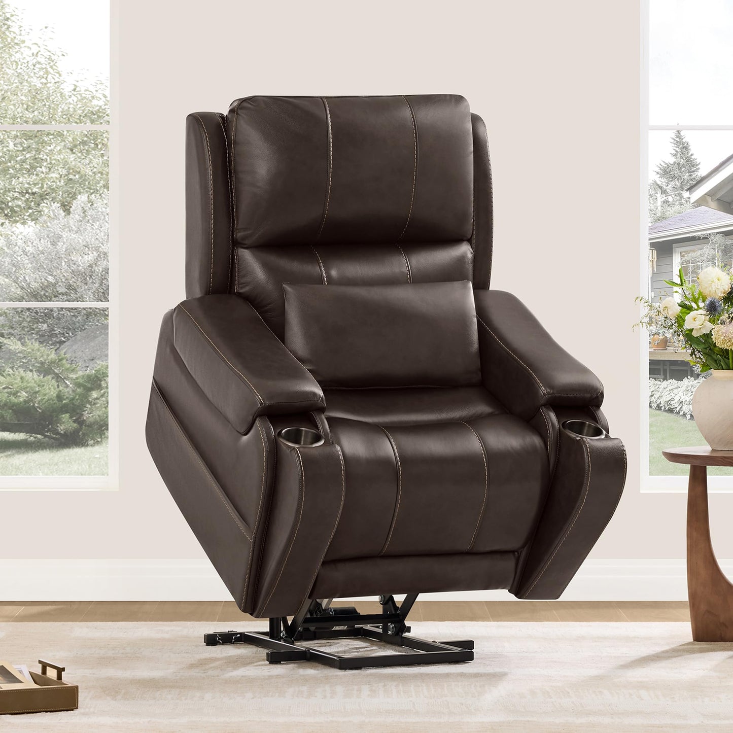 CHITA Power Lift Recliner Chair for Elderly with Heat and Massage, Genuine Leather Electric Lift Chairs with Cup Holder, Removable Lumbar Pillow, 2 Side Pockets, Leather in Navy