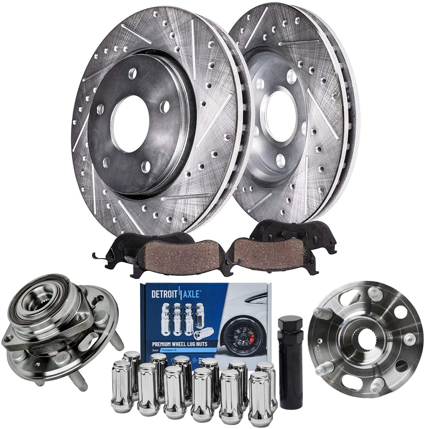 Detroit Axle - Brake Kit for 2006-2018 Dodge Ram 1500 2007-2009 Durango Chrysler Aspen 2019-2024 Ram 1500 Classic, Drilled Slotted Brake Rotors and Ceramic Brakes Pads w/Hardware Replacement