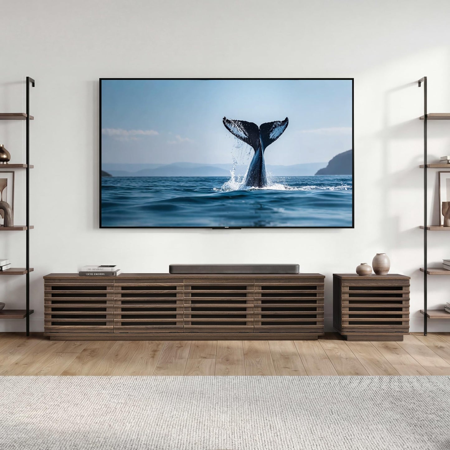 CHITA 70" Modern TV Stands with LED Light for TVs Up to 75 inches, Low Profile Entertainment Center with 4 Flip-Down Door & Fluted Details, TV Media Console for Living Room, Black