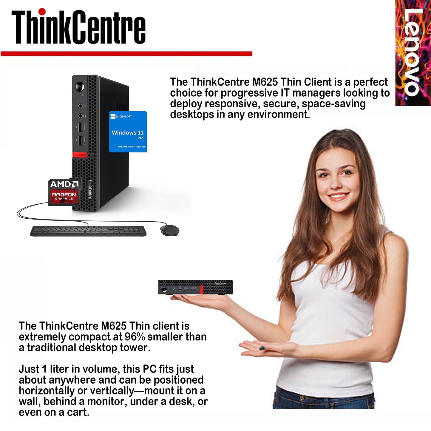 Lenovo Business Mini Desktop PC, AMD Processor, 4GB DDR4 RAM, 128GB PCIe SSD Drive, Dual Display Support, Wi-Fi, Bluetooth, USB & Ethernet Port, Windows 11 Pro, w/Keyboard & Mouse