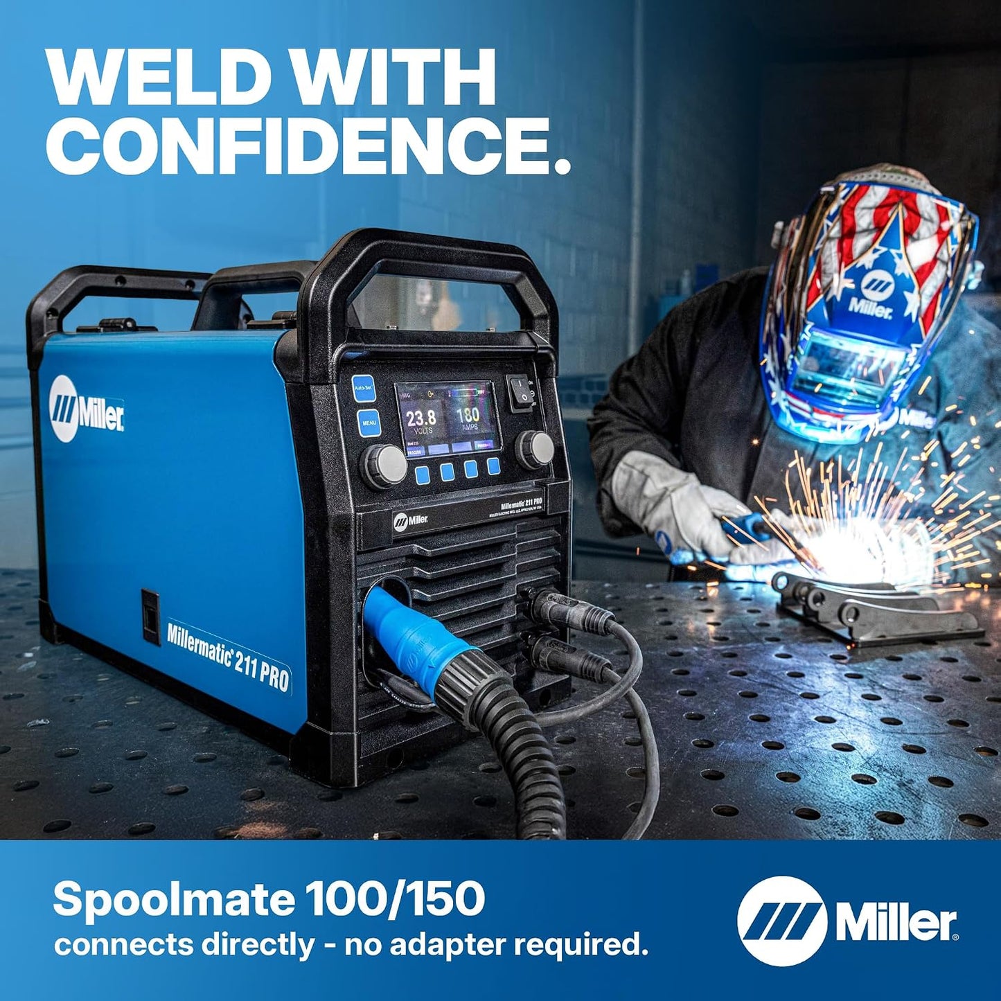 Millermatic® 211 PRO MIG Welder Machine, Dual-Voltage, Auto-Set™ | 120/240V MIG welder; Welds steel, aluminum to 3/8 in; thick; Features Auto-Set™, Dyna-Pulse™, upgradable software