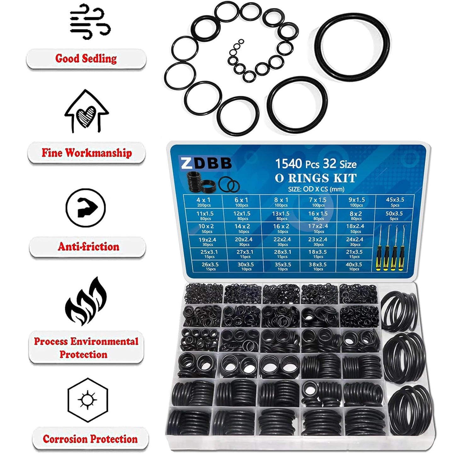 ZDBB 1540 Pcs O Rings Assortment Kit and 1228 PCS Clear Food Grade Silicone O-Ring Kit for Automotive Faucet Pressure Washer Plumbing，Sealing Faucets and Plumbing with Hook and Pick