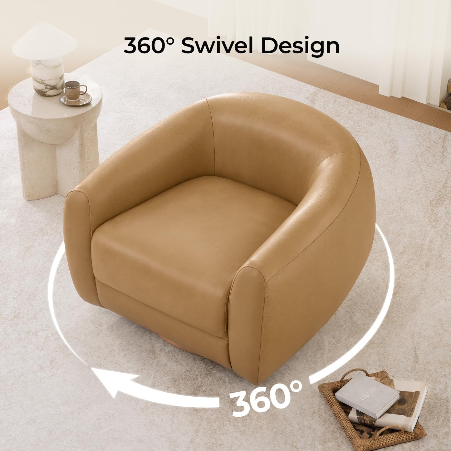 CHITA Genuine Leather Swivel Accent Chair, FSC Certified Mid Century Modern Arm Chair with Wood Base for Living Room and Bedroom, Fully Assembled, Sand