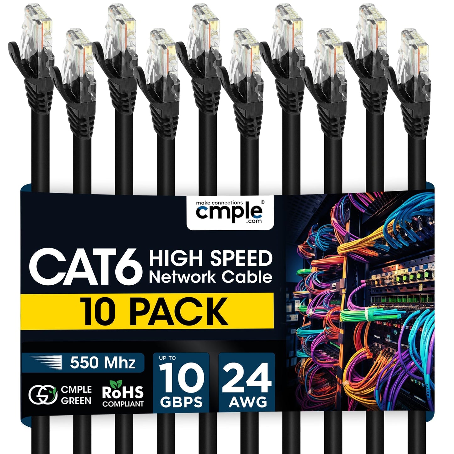 Cmple - Cat 6 Ethernet Cable 10 ft, Cat6 Patch Cables 10Gbps LAN Cable, 550MHz Network Cable, RJ45 Connectors, Compatible with Gaming Computer, Laptop, Modem, Router, HDTV, Gaming Console - Yellow
