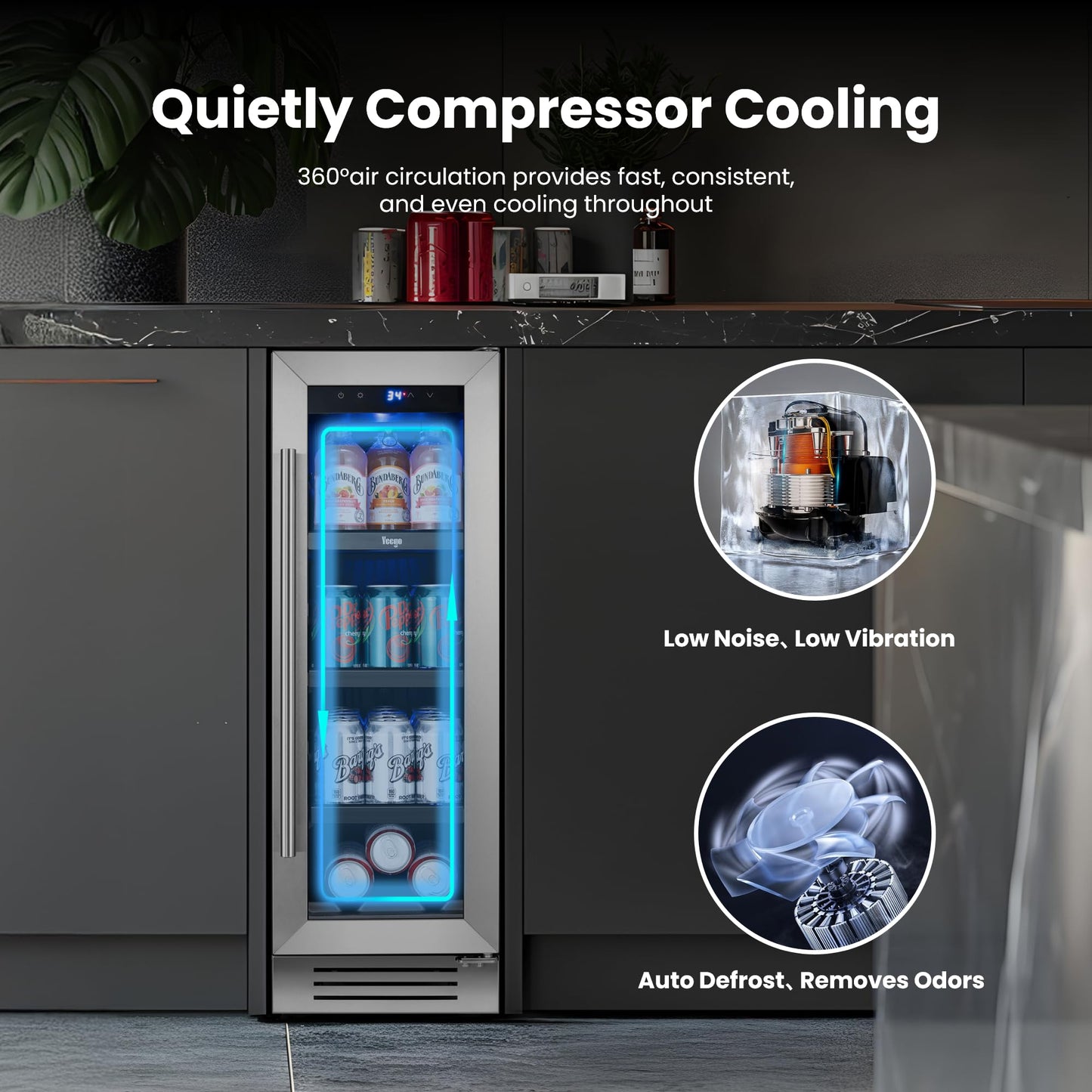 Yeego 24 Inch Beverage Refrigerator – 180 Can Built-In Under Counter Drink Fridge with Glass Door, 34–54°F Cooling for Beer, Soda & Wine (Right-Hinged)