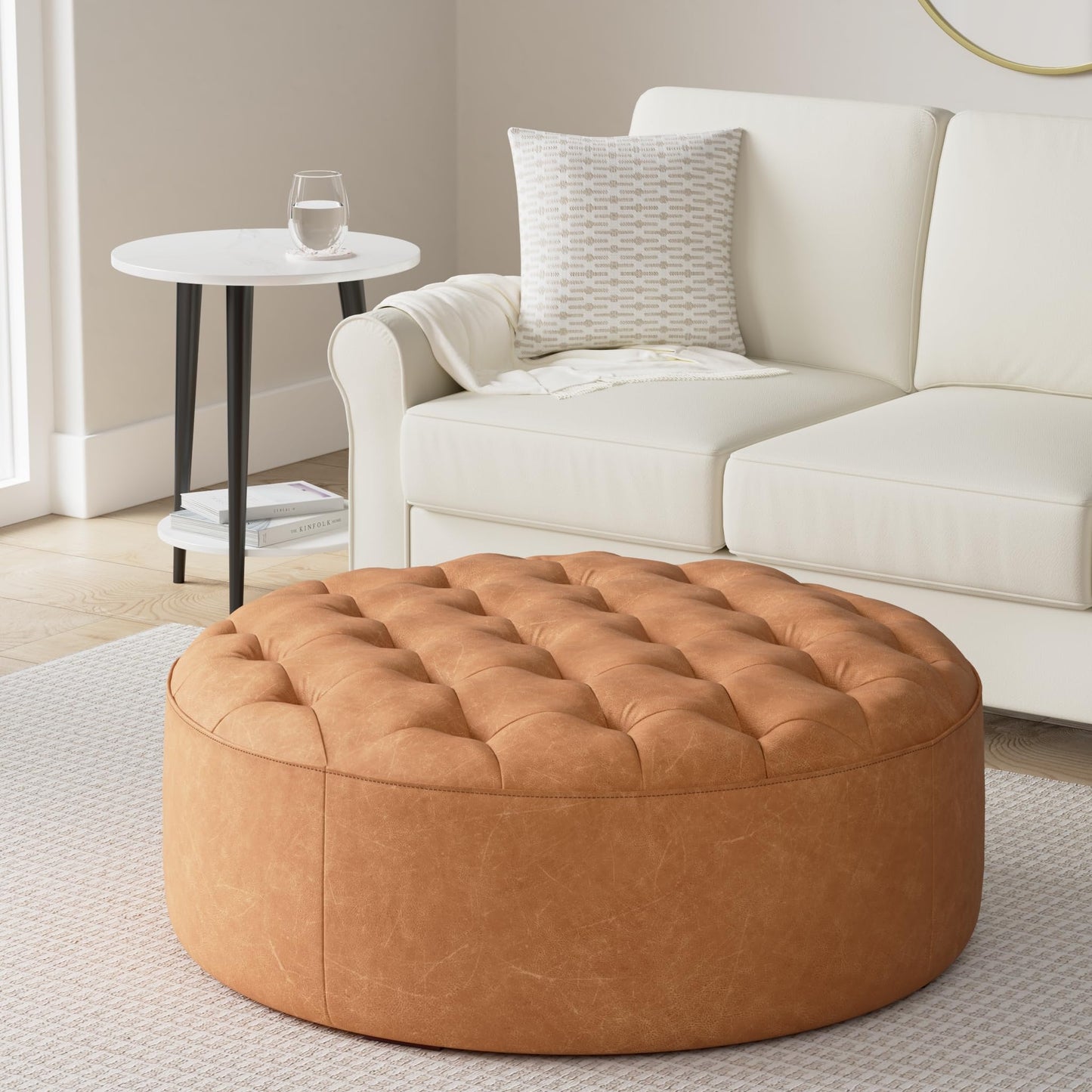 POLY & BARK Denver Ottoman – 43" Large Pouf with Feather-Down Topper – Full-Grain Leather Upholstered Pouf Ottoman for Living Room – Vintage Italian Leather in Cognac Tan