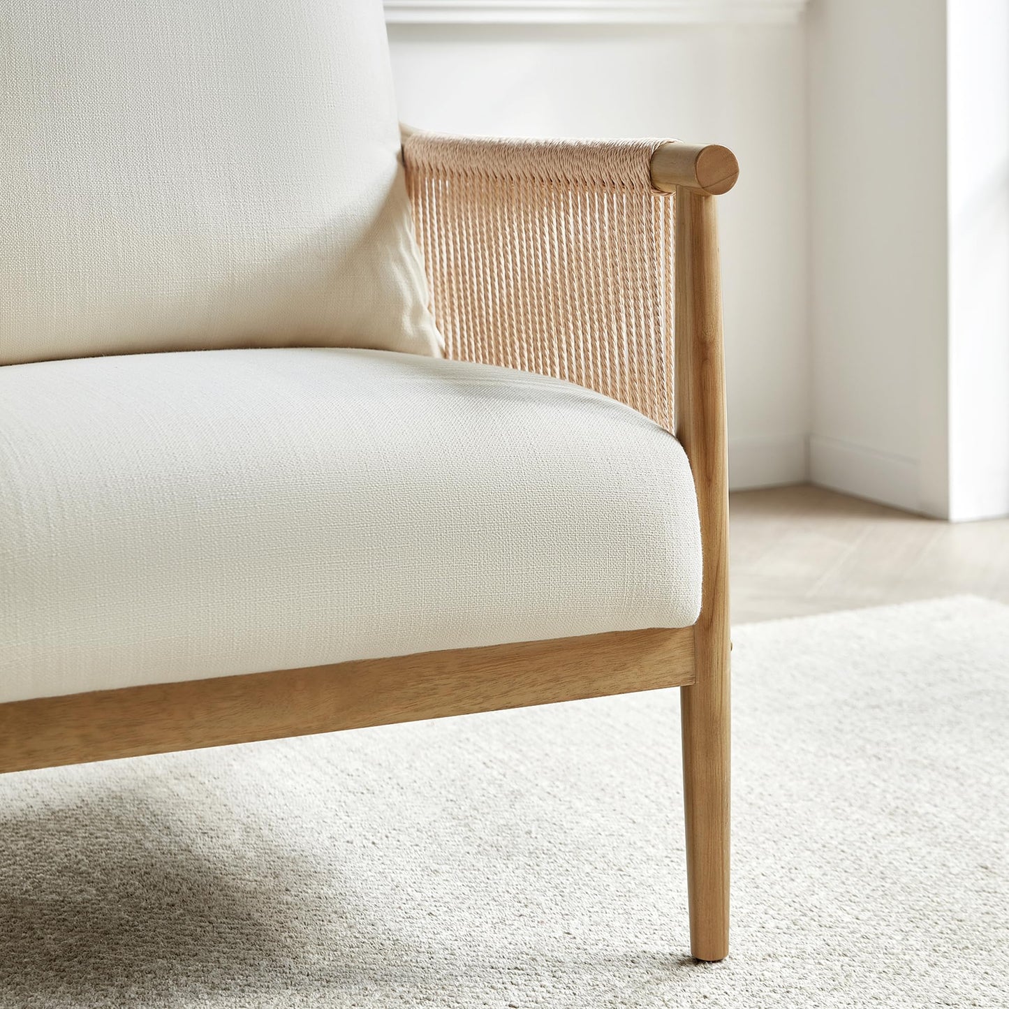 CHITA Braid Accent Chair, Modern Armchair with Solid Wooden Armrest for Living Room and Bedroom, Boho Reading Chair, Cream