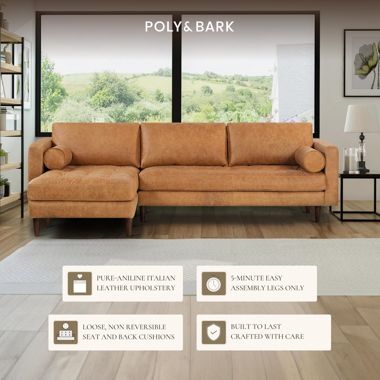 POLY & BARK Napa 82" Leather Pull‑Out Sleeper Sofa – Full‑Grain Italian Leather Upholstery,Tri‑Layer Mattress & Storage Console –Sophisticated Multi‑Functional Sofa Bed for Living Rooms & Guest Spaces