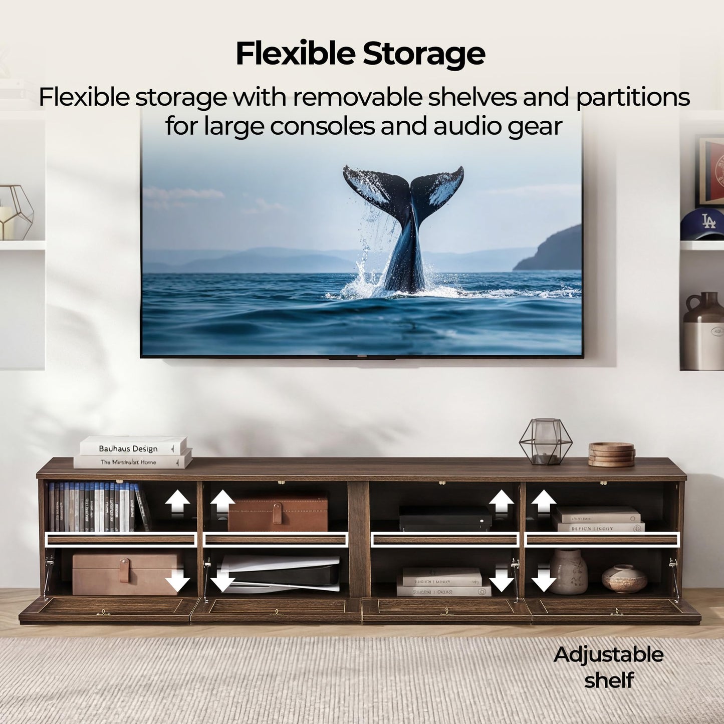 CHITA 70" Modern TV Stands with LED Light for TVs Up to 75 inches, Low Profile Entertainment Center with 4 Flip-Down Door & Fluted Details, TV Media Console for Living Room, Black