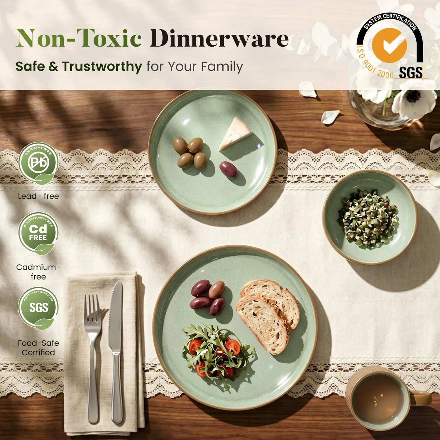 Kitchen Academy Brown Stoneawre Dinnerware Sets for 8, 24Pcs Ceramic Non Toxic Plates and Bowls Sets, Scratch Resistant Dishes, Oven & Microwave Safe