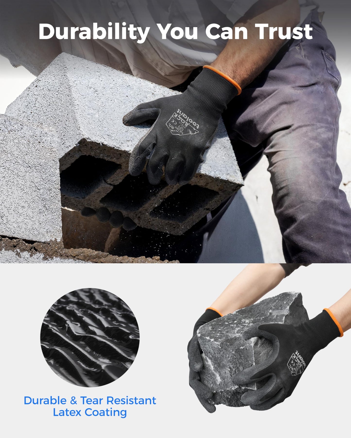 toolant Crinkle Latex Work Gloves Bulk, Rubber Coated Safety Work Gloves for Men and Women, 12 Pairs for Construction, Gardening, Warehouse (Black, Large)