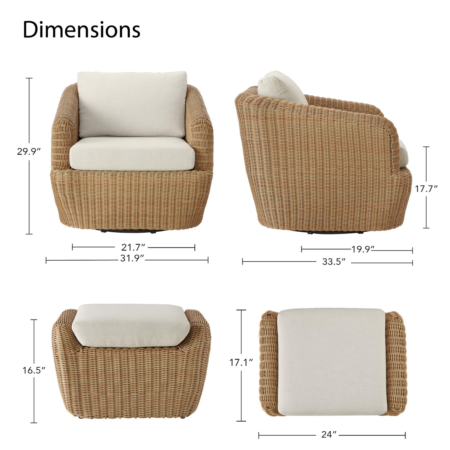 CHITA 5 Pieces Patio Wicker Furniture Set, Outdoor Rattan Bistro Set with Removable Thickened Cushions, Fully Assembled(Beige Cushions with Light Brown Wicker)