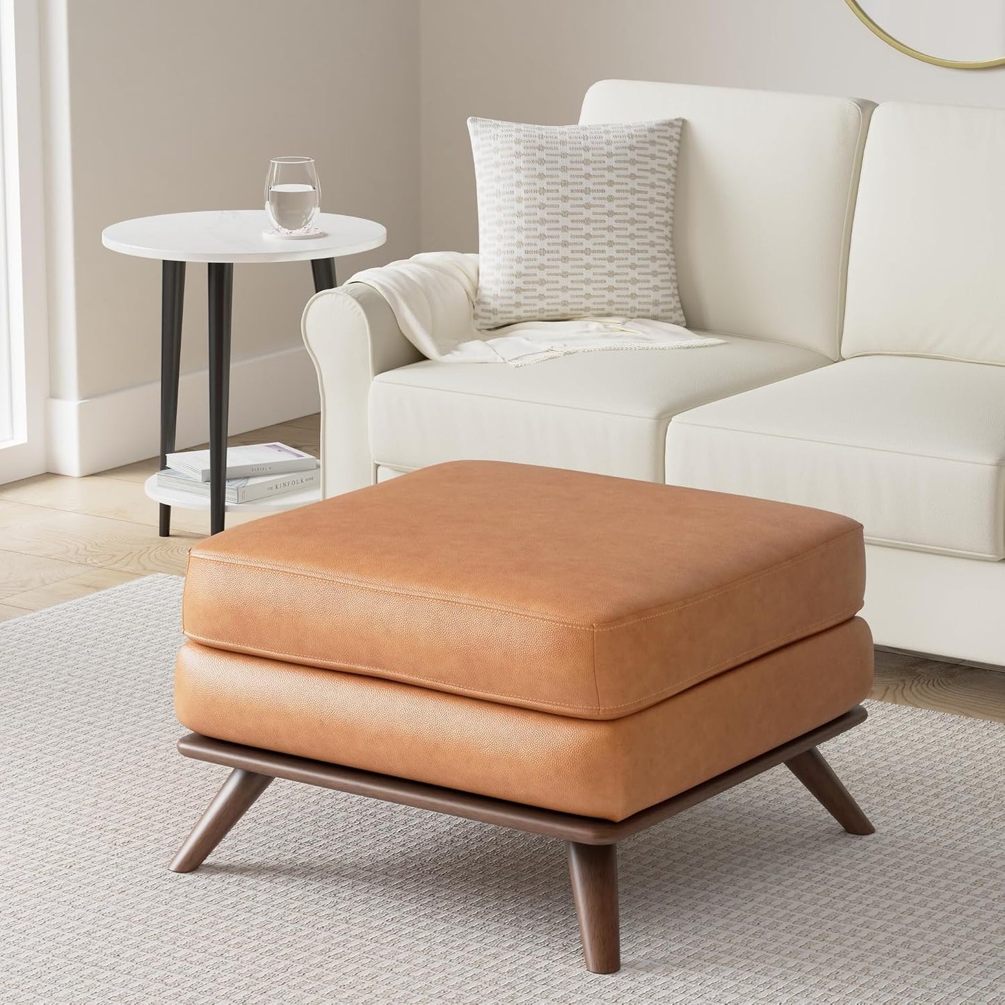 Poly & BARK Nolita Ottoman in Cognac Tan – Premium Leather Ottoman with Solid Wood Base, Modern Footrest, Accent Seating, and Living Room Furniture