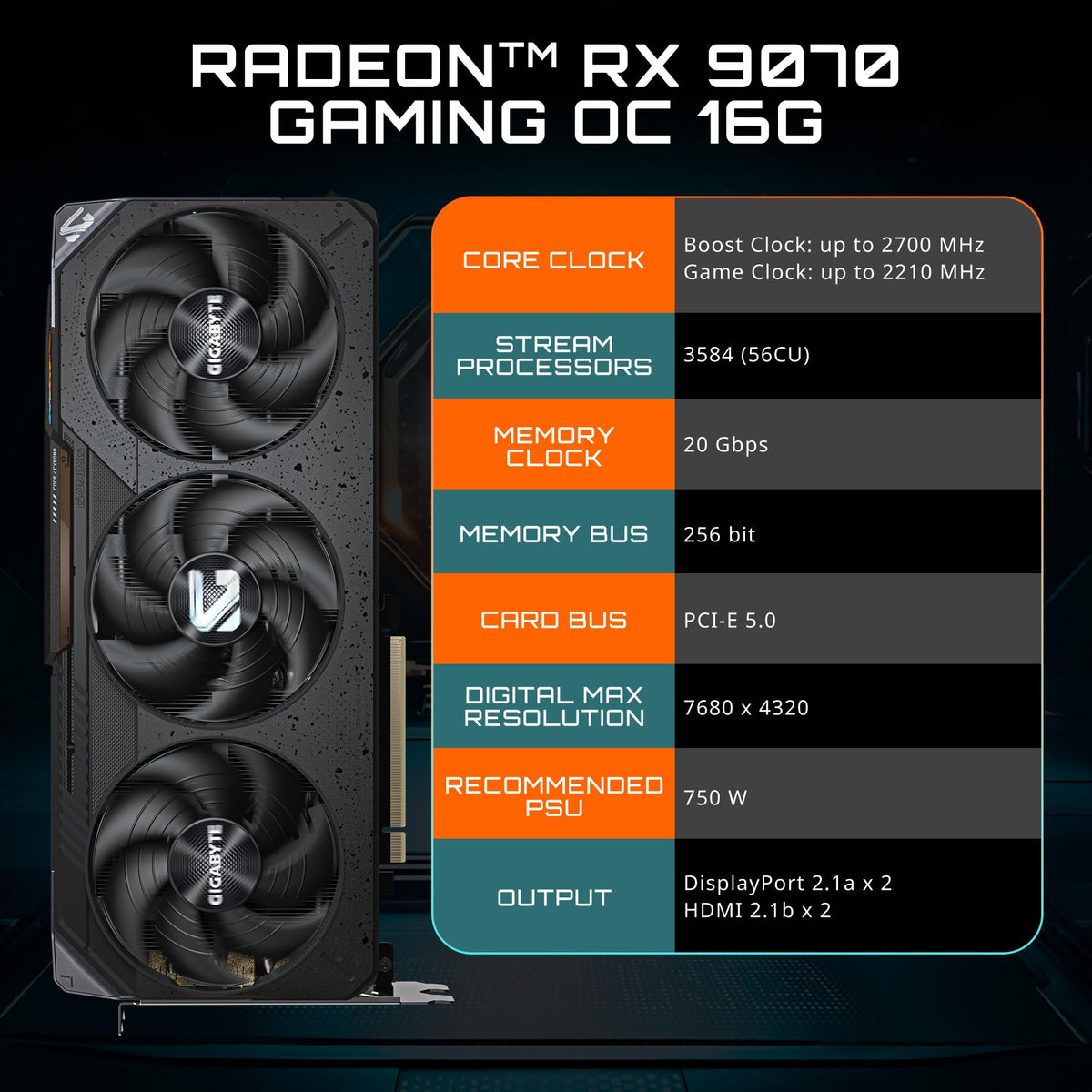 GIGABYTE Radeon RX 9070 XT Gaming OC 16G Graphics Card, PCIe 5.0, 16GB GDDR6, GV-R9070XTGAMING OC-16GD Video Card