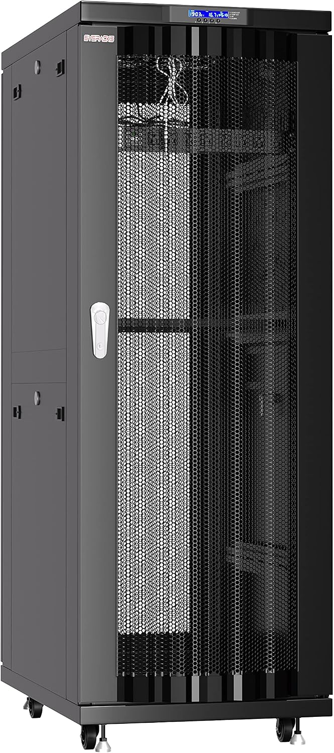 37U Server Rack Cabinet – 19" Floor Standing Rack Enclosure, 32" Deep IT Infrastructure Rack with Cooling Fans, Thermostat LCD, PDU, Shelf & Casters