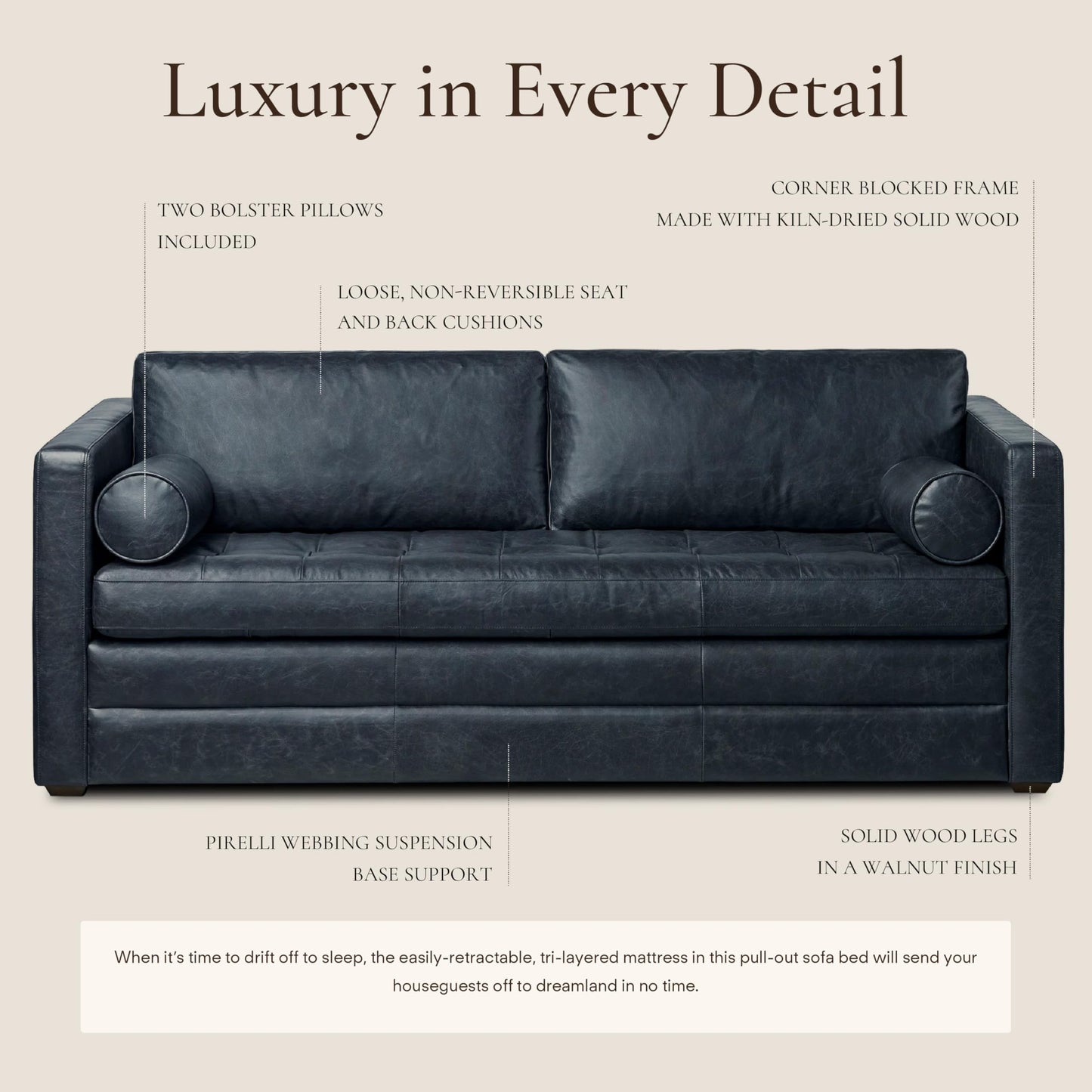 POLY & BARK Napa 82" Leather Pull‑Out Sleeper Sofa – Full‑Grain Italian Leather Upholstery,Tri‑Layer Mattress & Storage Console –Sophisticated Multi‑Functional Sofa Bed for Living Rooms & Guest Spaces
